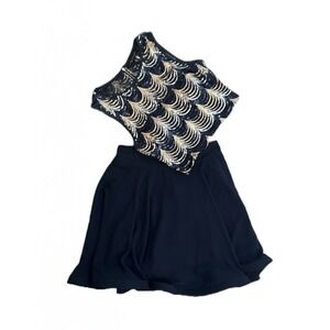 City Triangle 2-Piece Sequin Top &‎ Skirt Set Navy Gold Silver Wave Pattern Sz 3